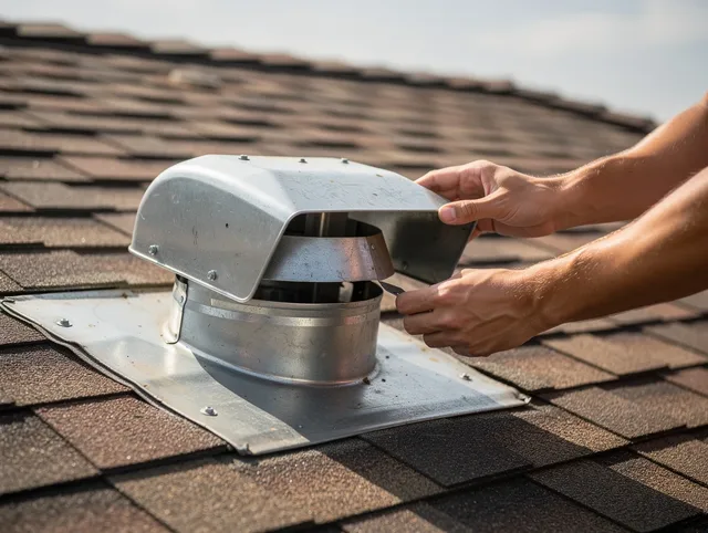 Rowland Heights Dryer Vent Cleaning certified technician safely cleaning a roof-mounted dryer vent in Rowland Heights