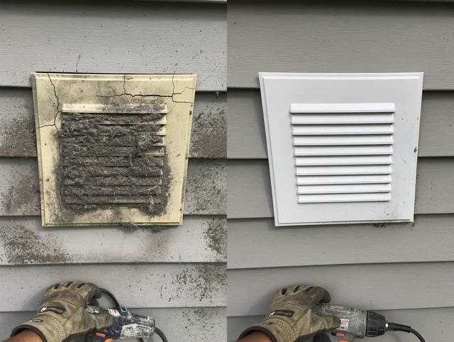 Rowland Heights Dryer Vent Cleaning technician installing high-quality dryer vent cover at a residential property in Rowland Heights