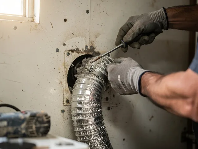 Rowland Heights Dryer Vent Cleaning technician performing precise dryer vent hose installation in Rowland Heights